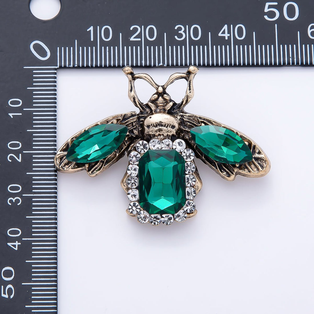 Vintage Gold 47mm Green Rhinestone Honey Bee Insect Animal Pin Brooch | BH-00182