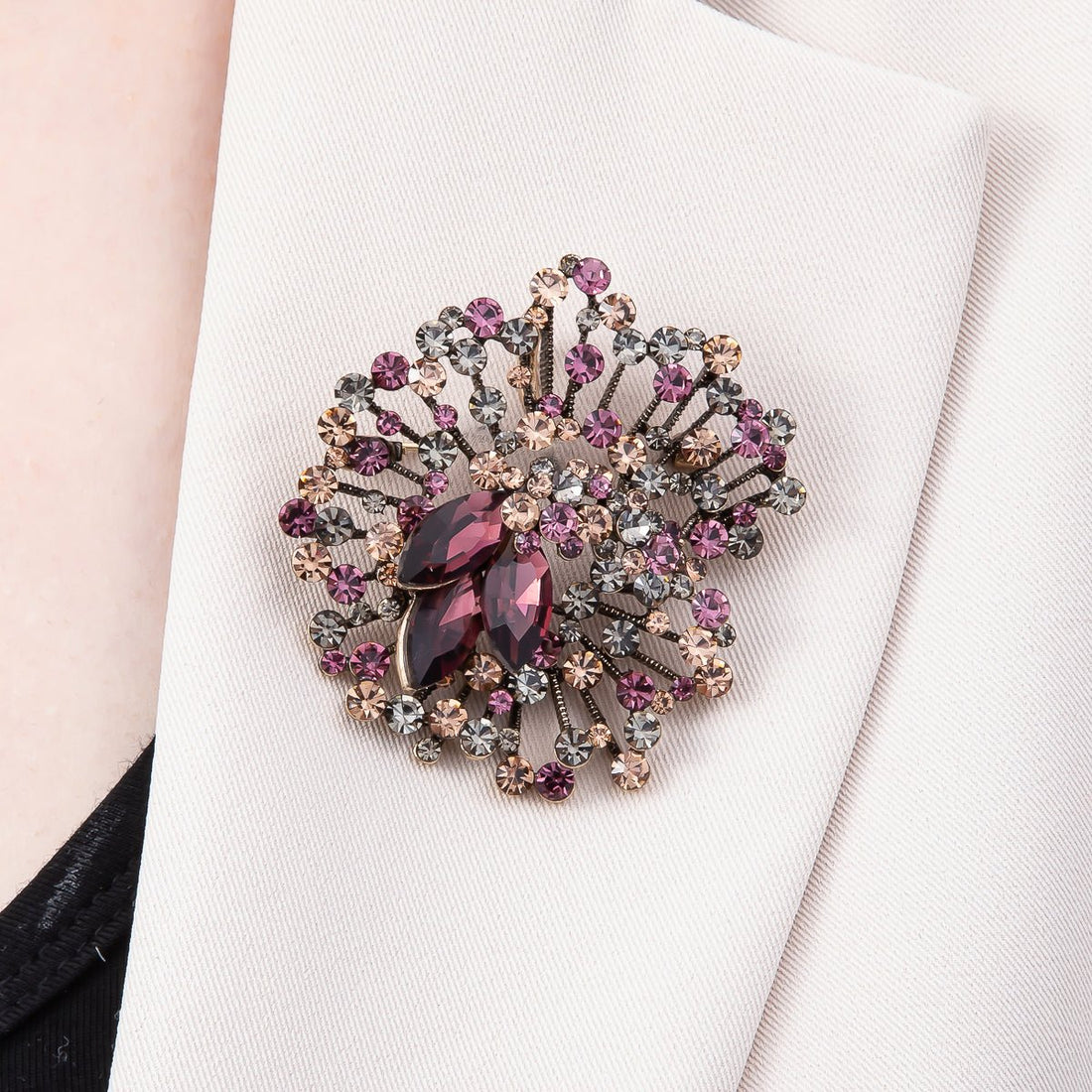 Vintage Gold 54.5mm x 52mm Multicolor Pink Rhinestone Flower Pin Brooch | BH-122
