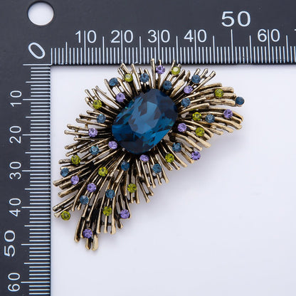 Vintage Gold 58mm Rhinestone Lined Sunburst Geometric Pin Brooch | BH-00161