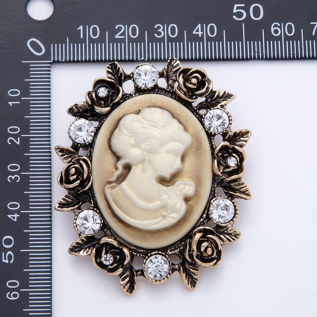 Vintage Gold 59mm Clear Rhinestone Lady Portrait Cameo Rose Flower Oval Pin Brooch | BH-00183