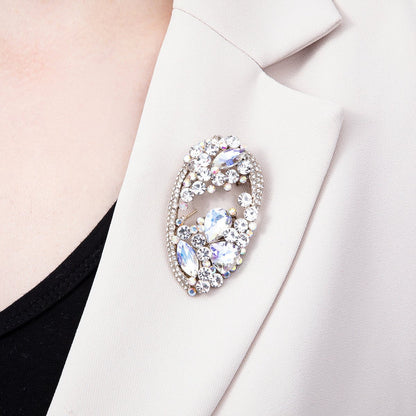 Vintage Gold 63mm Grey, Green, Clear Multi-Cut Rhinestone Open Oval Statement Pin Brooch | BH-00177 ~ BH-00179