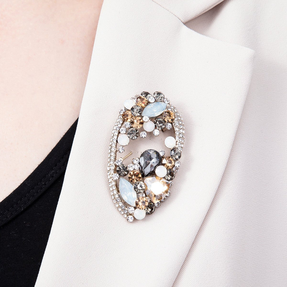 Vintage Gold 63mm Grey, Green, Clear Multi-Cut Rhinestone Open Oval Statement Pin Brooch | BH-00177 ~ BH-00179