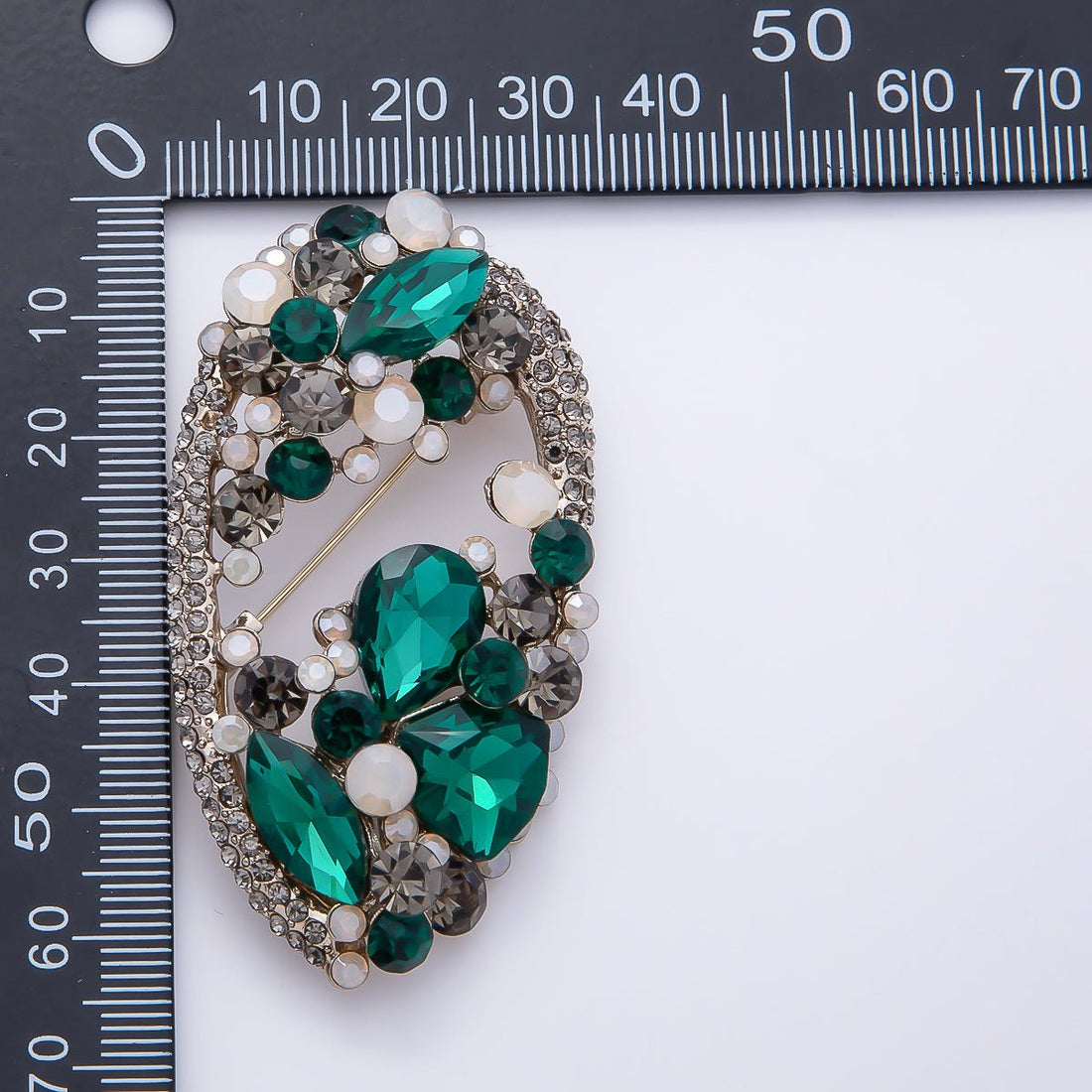 Vintage Gold 63mm Grey, Green, Clear Multi-Cut Rhinestone Open Oval Statement Pin Brooch | BH-00177 ~ BH-00179