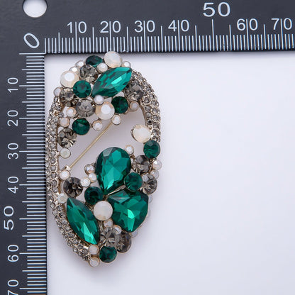 Vintage Gold 63mm Grey, Green, Clear Multi-Cut Rhinestone Open Oval Statement Pin Brooch | BH-00177 ~ BH-00179