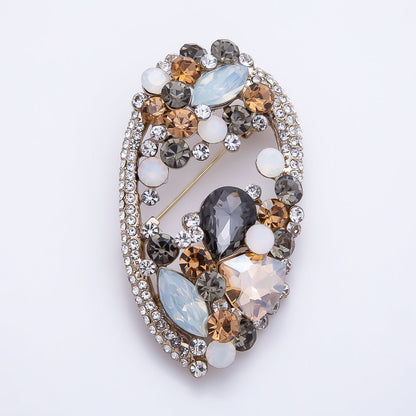 Vintage Gold 63mm Grey, Green, Clear Multi-Cut Rhinestone Open Oval Statement Pin Brooch | BH-00177 ~ BH-00179