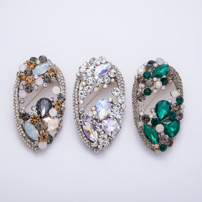 Vintage Gold 63mm Grey, Green, Clear Multi-Cut Rhinestone Open Oval Statement Pin Brooch | BH-00177 ~ BH-00179