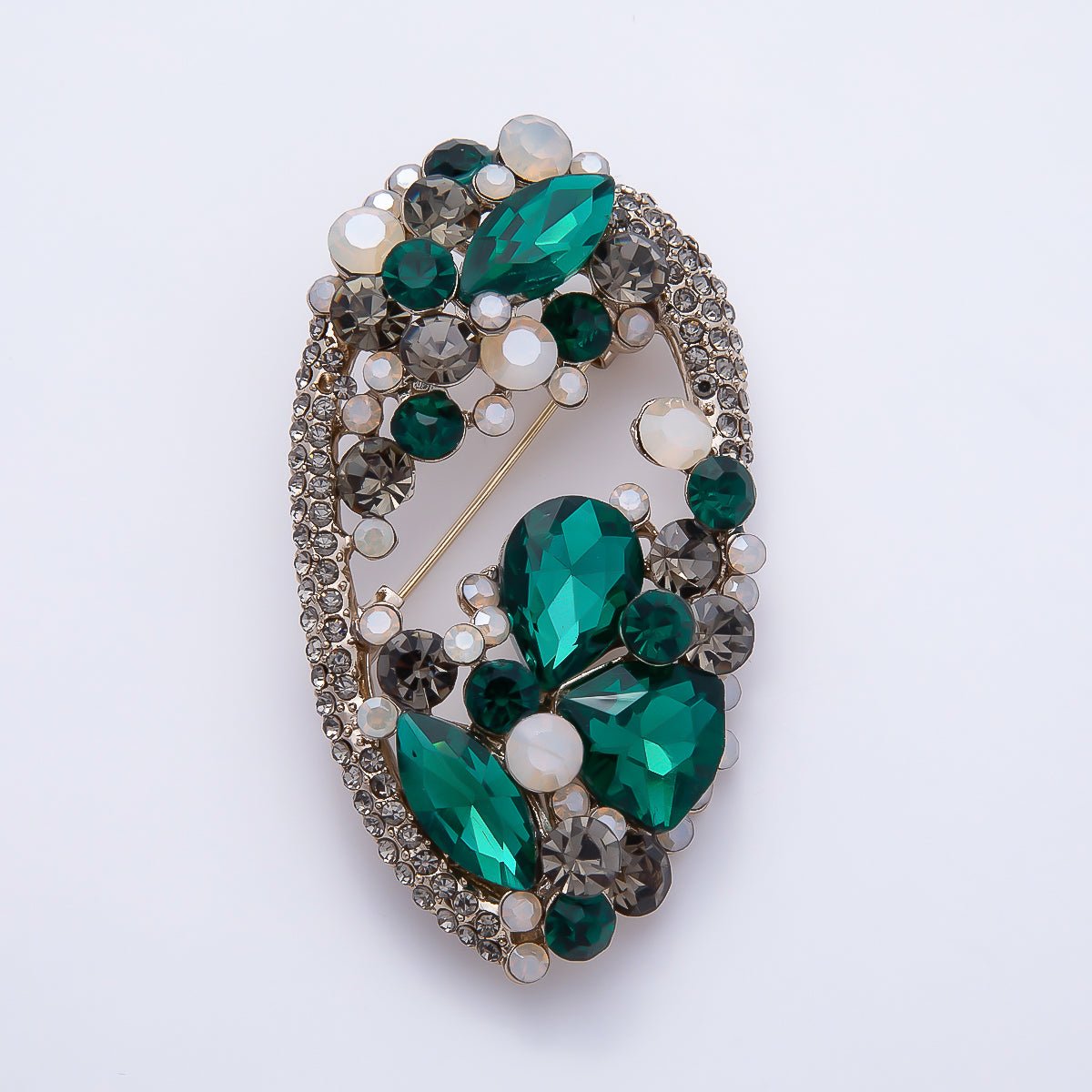 Vintage Gold 63mm Grey, Green, Clear Multi-Cut Rhinestone Open Oval Statement Pin Brooch | BH-00177 ~ BH-00179