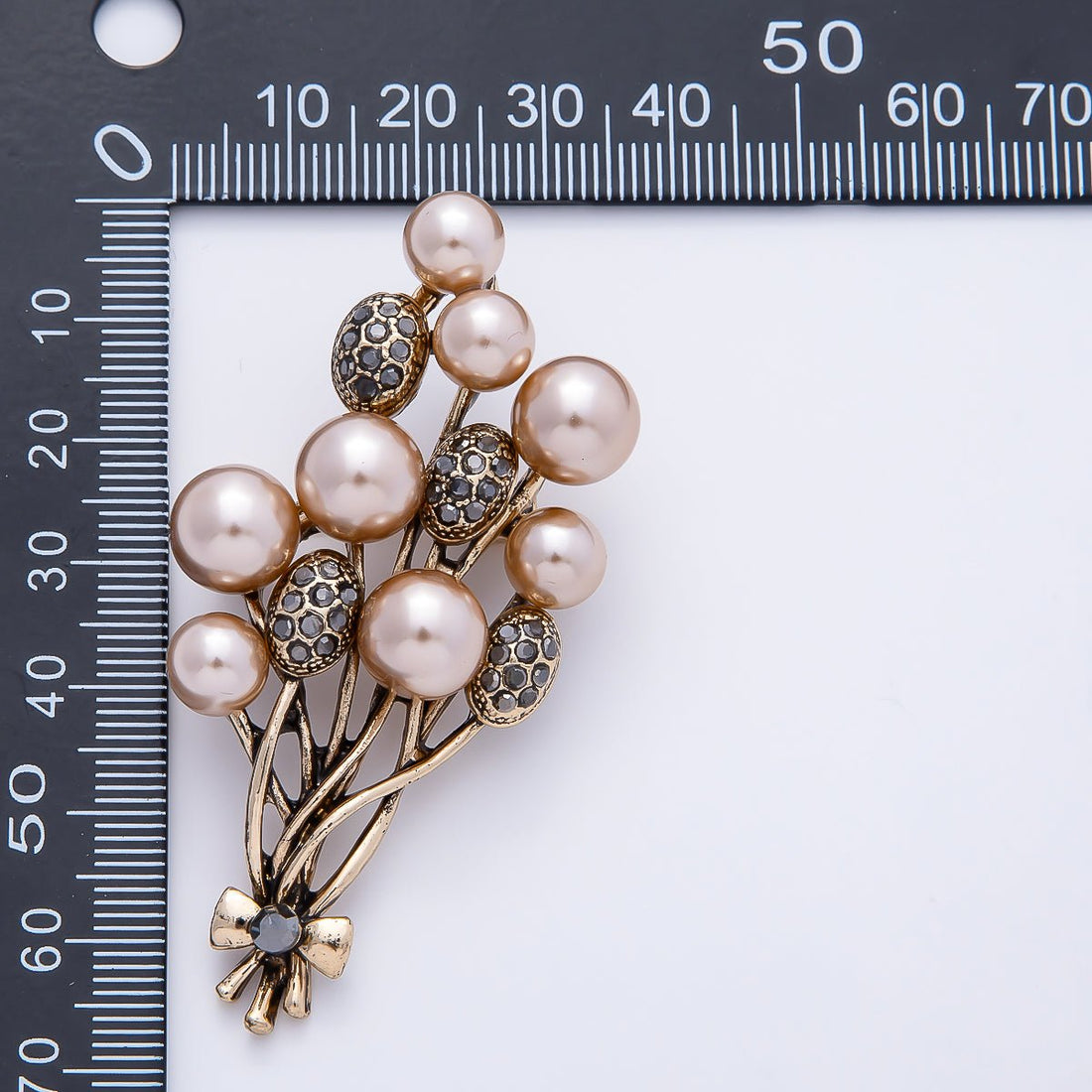 Vintage Gold 65mm Shell Pearl Rhinestone Paved Flower Bouquet Pin Brooch | BH-00180