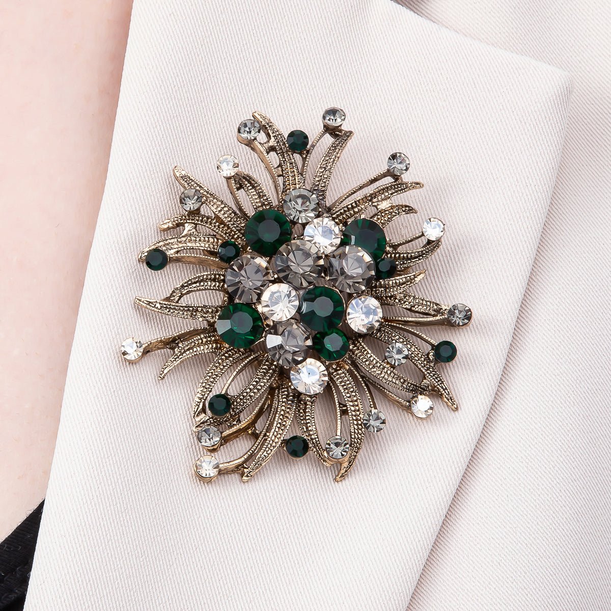 Vintage Gold 66mm Green, Red, Silver Rhinestone Textured Leaf Nature Pin Brooch | BH-133 ~ BH-135