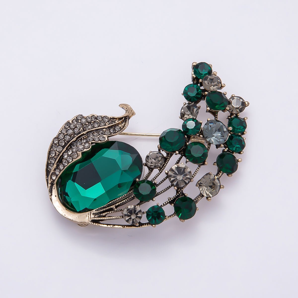 Vintage Gold Green, Red Rhinestone Curved Leaf Nature Pin Brooch | BH-144 BH-145