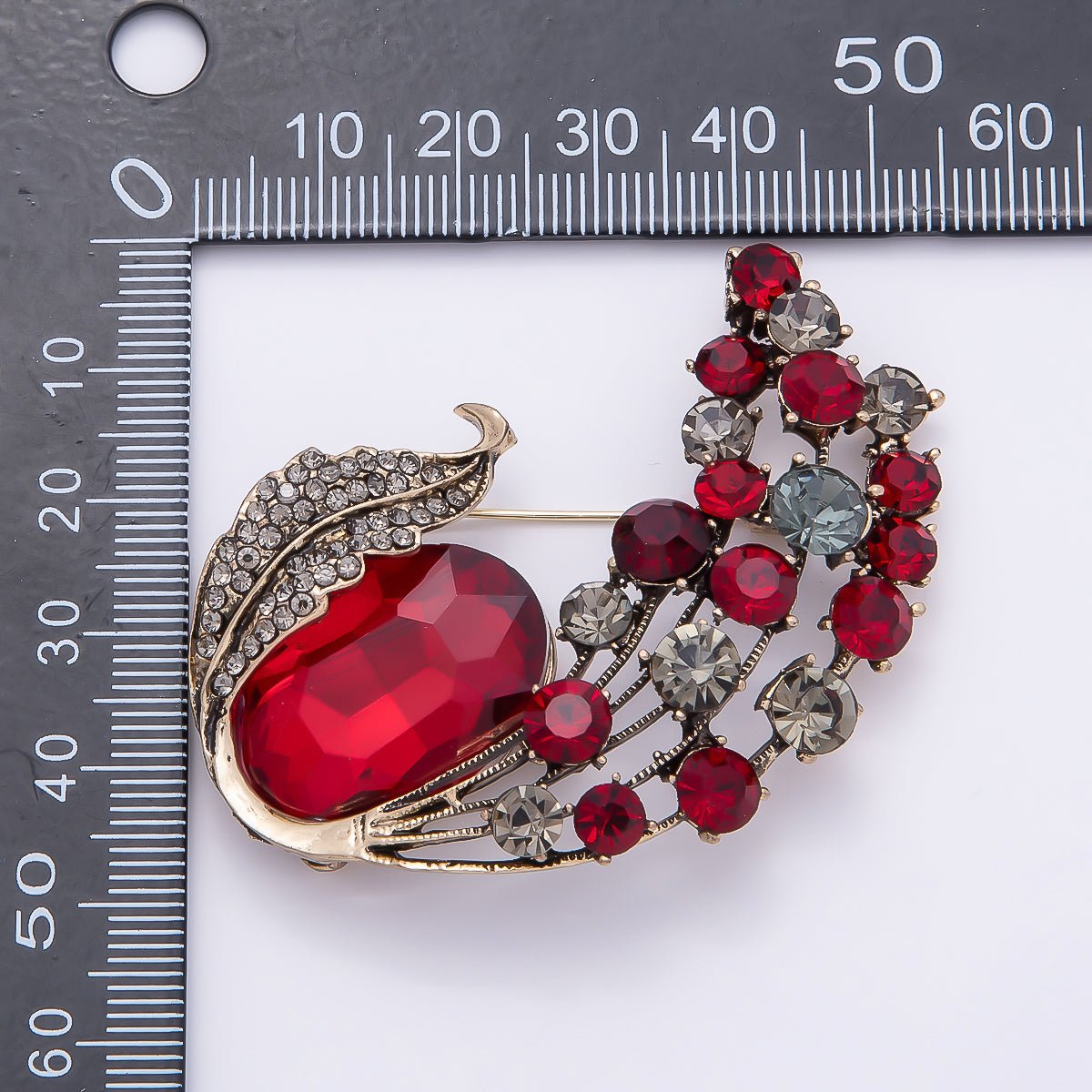 Vintage Gold Green, Red Rhinestone Curved Leaf Nature Pin Brooch | BH-144 BH-145