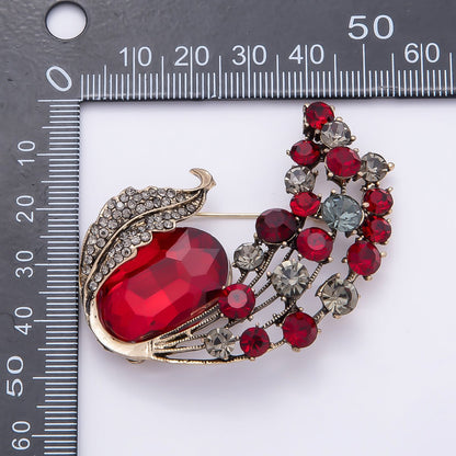 Vintage Gold Green, Red Rhinestone Curved Leaf Nature Pin Brooch | BH-144 BH-145