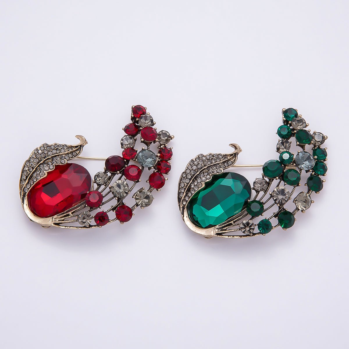 Vintage Gold Green, Red Rhinestone Curved Leaf Nature Pin Brooch | BH-144 BH-145