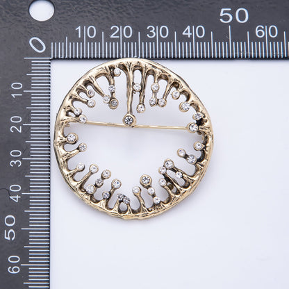 Vintage Gold Rhinestone Round Molten Drip Open Round Pin Brooch | BH-086