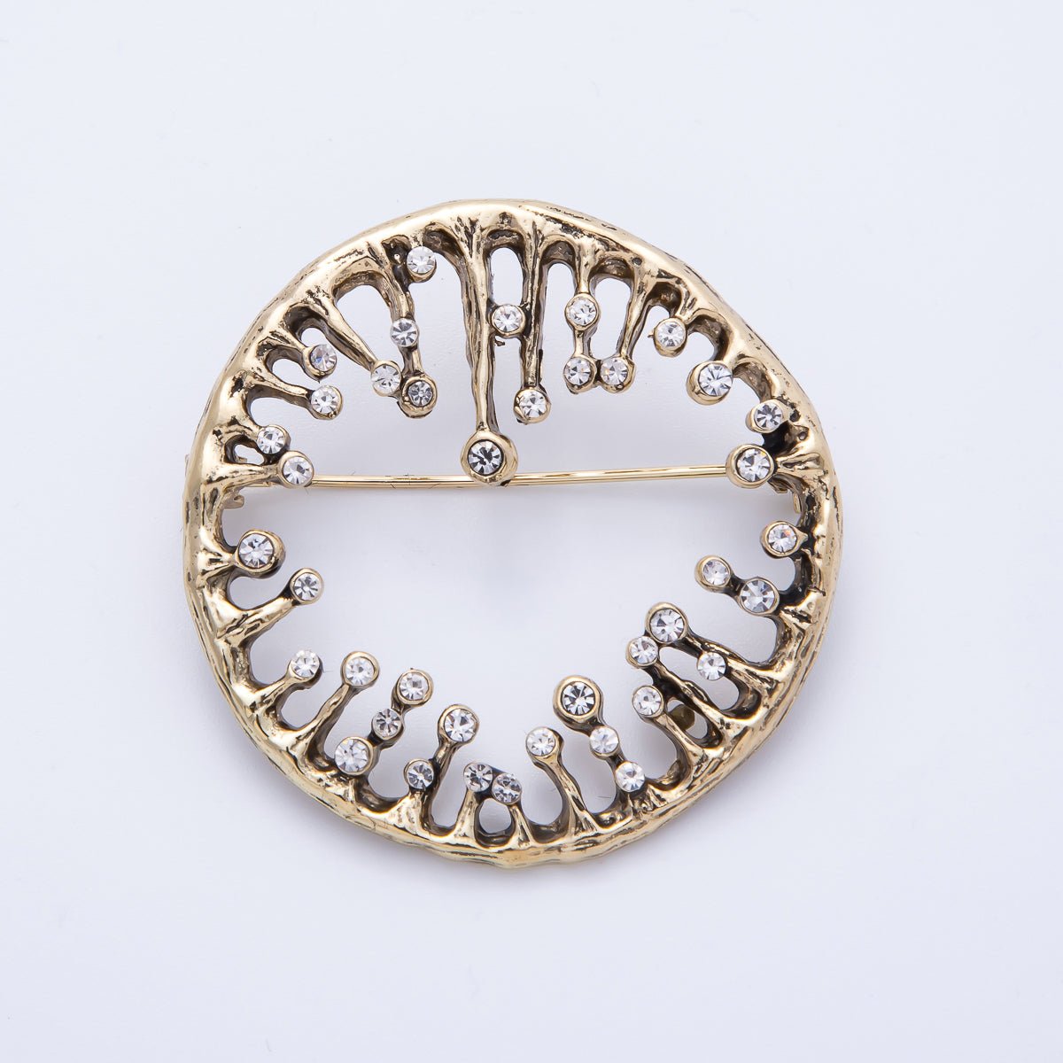 Vintage Gold Rhinestone Round Molten Drip Open Round Pin Brooch | BH-086