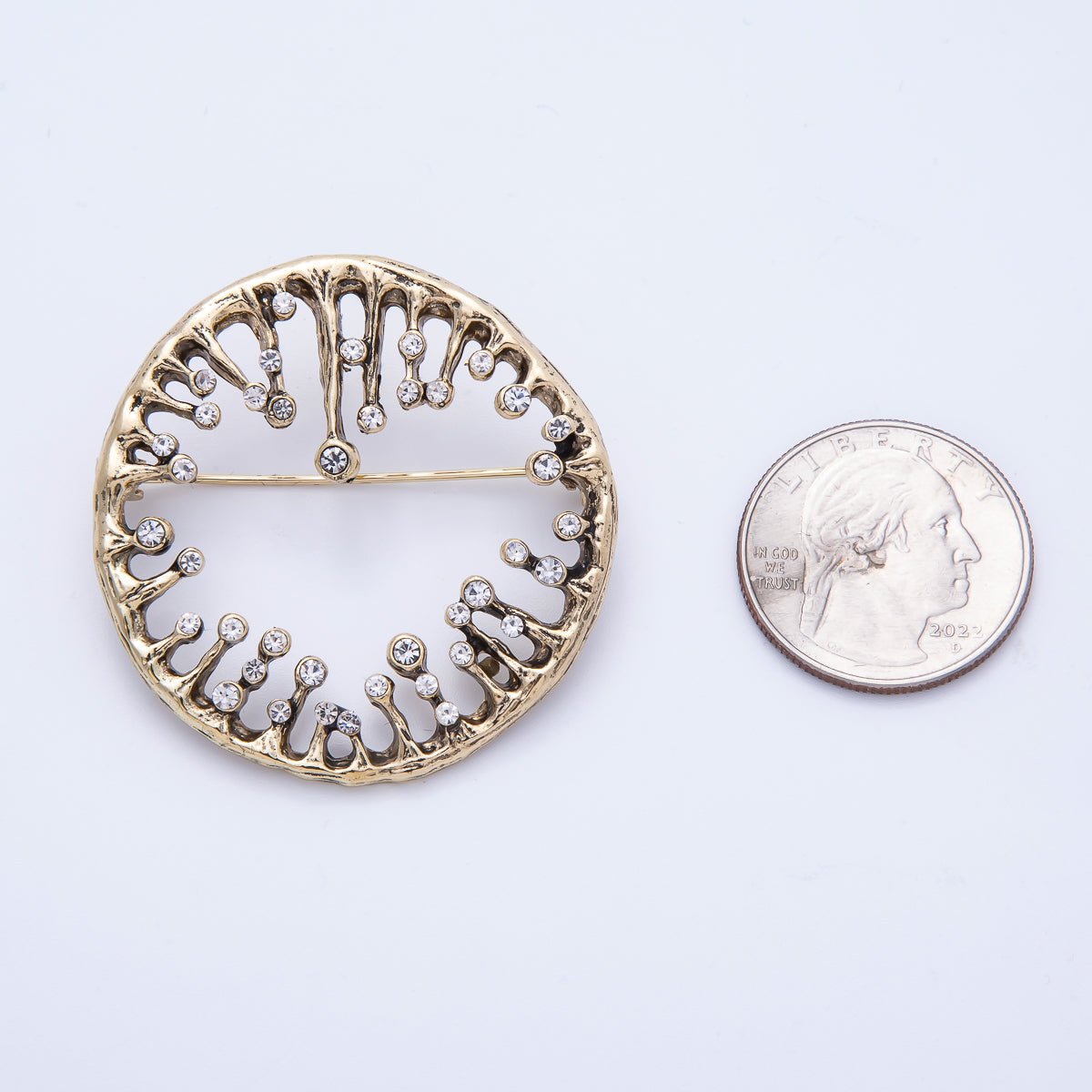 Vintage Gold Rhinestone Round Molten Drip Open Round Pin Brooch | BH-086