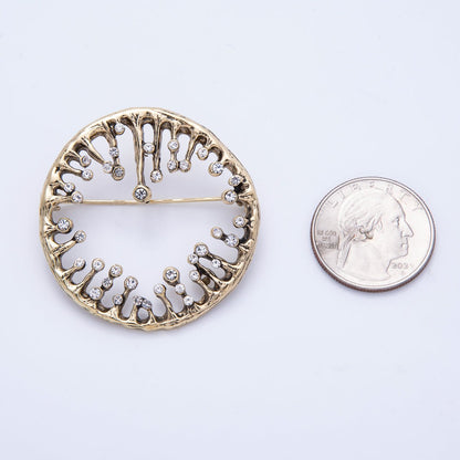 Vintage Gold Rhinestone Round Molten Drip Open Round Pin Brooch | BH-086