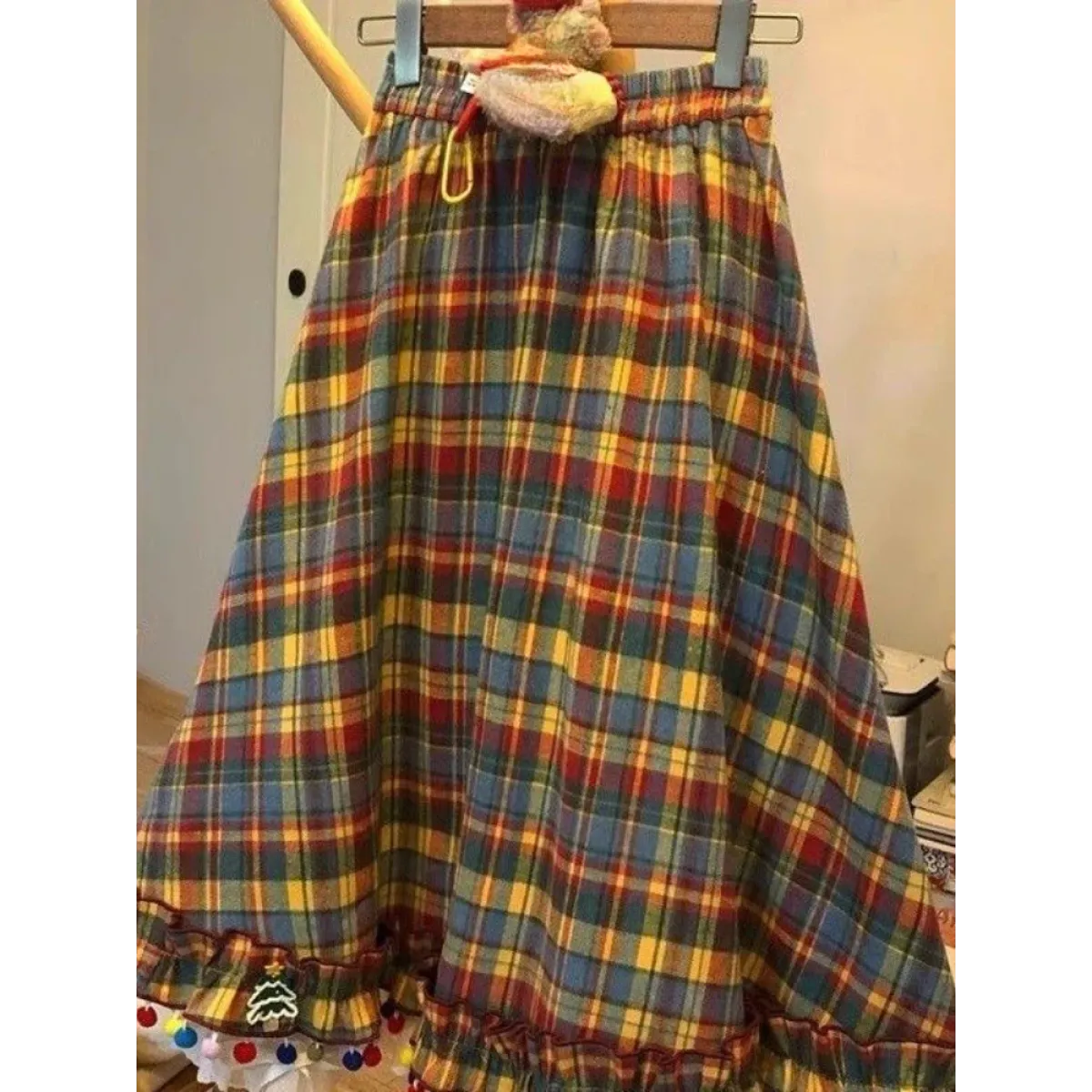 Plaid A-Line Skirt – Vintage Mori Girl Lace Trim Midi