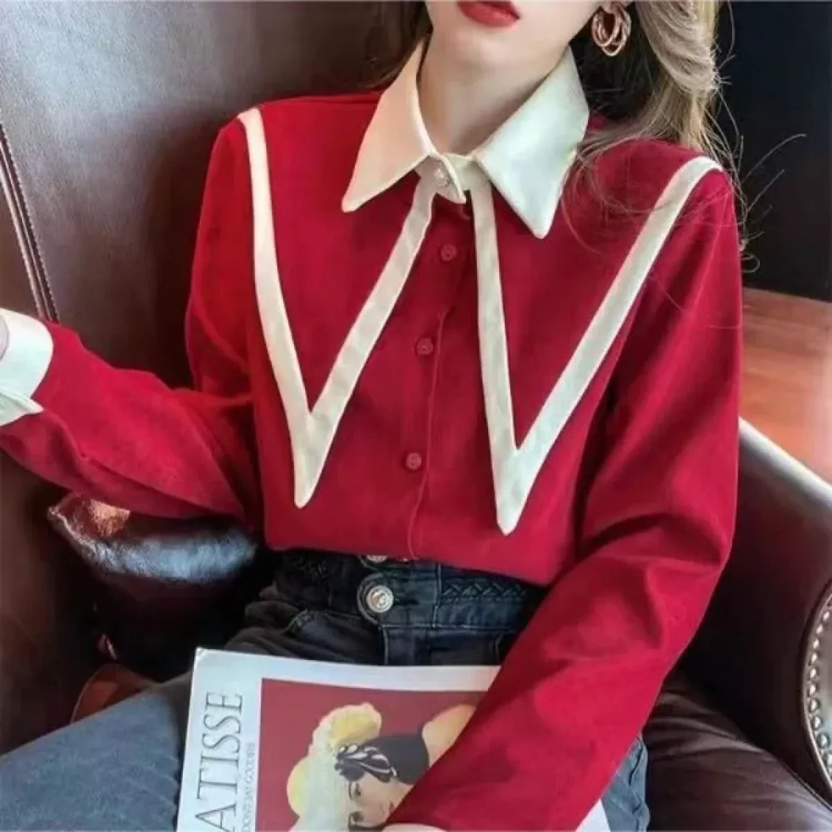 Vintage Peaked Collar Blouse – Elegant Puff Sleeve Button-Up Shirt