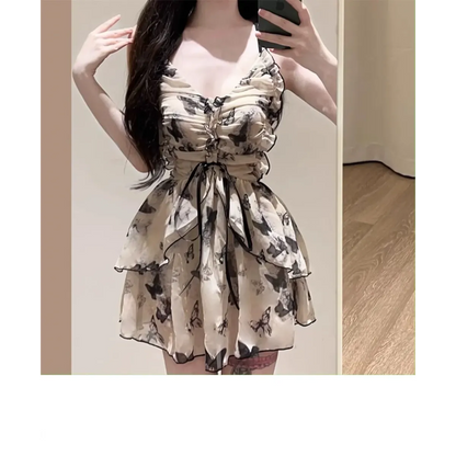 Butterfly Print One Piece Swimsuit – Vintage Ruffle Mini Dress Style