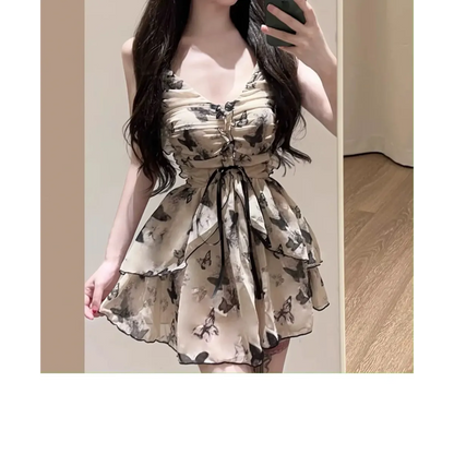 Butterfly Print One Piece Swimsuit – Vintage Ruffle Mini Dress Style
