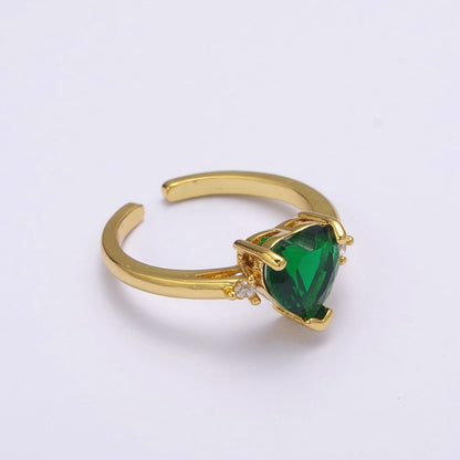 Vintage solitaire Green, Clear, Pink wedding ring heart cut Cubic Zirconia Yellow gold Open Adjustable Ring S-250 ~ S-252
