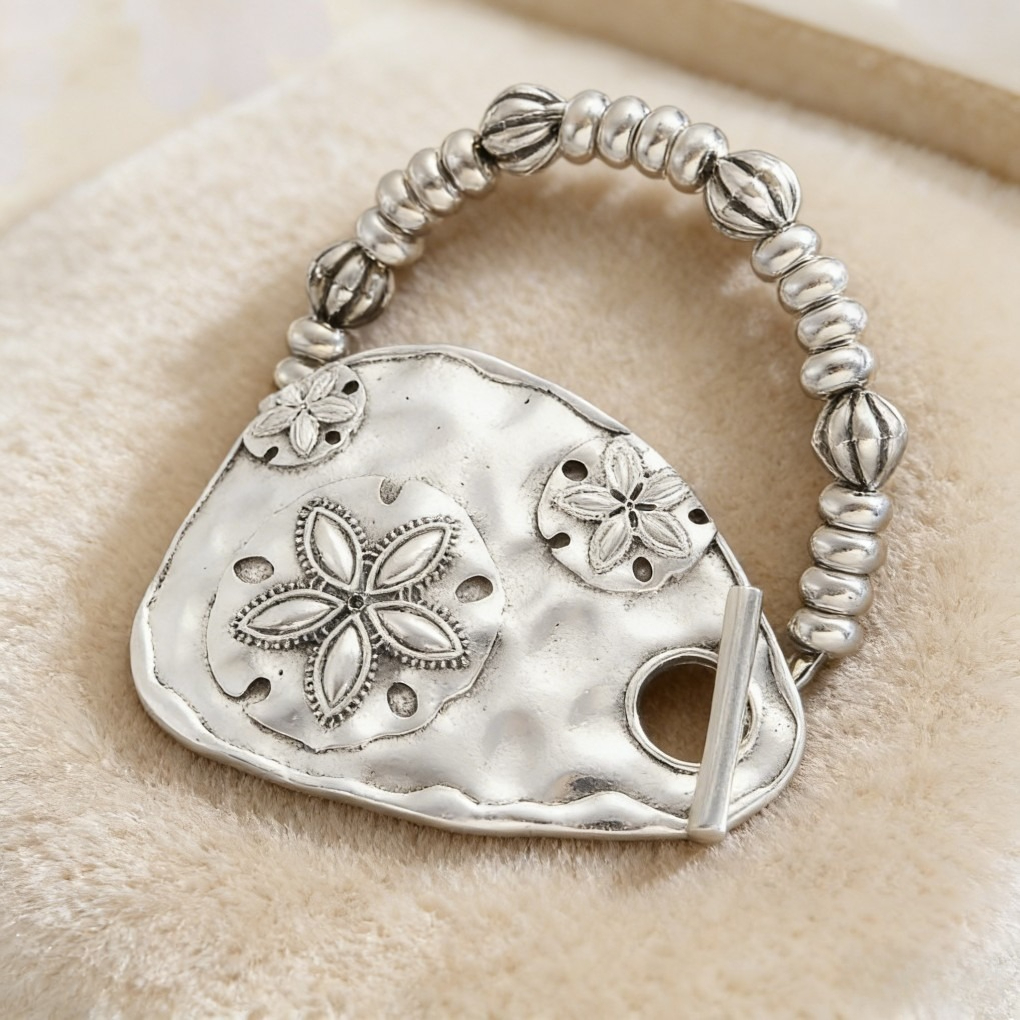 Vintage Bold Engraved Flower &amp; Bead Bracelet