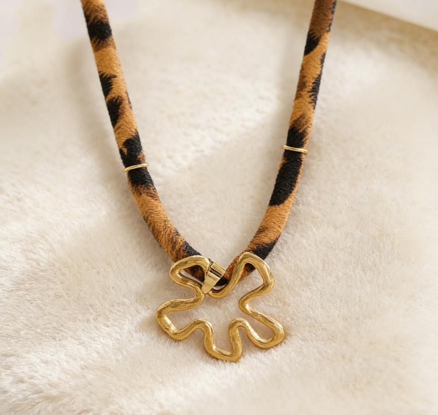 Leopard Print Ribbon Necklace with Sun &amp; Gecko Charms