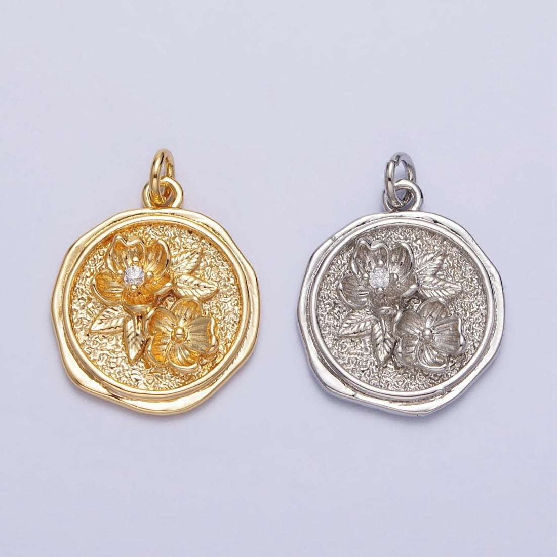 Water Lily Lotus July Birth Flower Textured Round Charm in Gold &amp; Silver | AC282 AC283