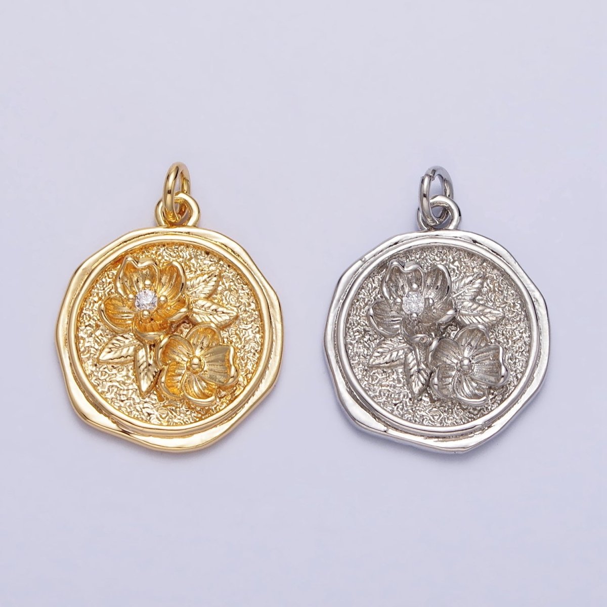 Water Lily Lotus July Birth Flower Textured Round Charm in Gold &amp; Silver | AC282 AC283