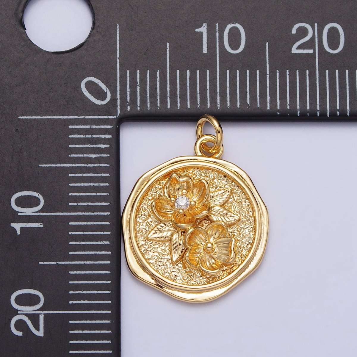 Water Lily Lotus July Birth Flower Textured Round Charm in Gold &amp; Silver | AC282 AC283