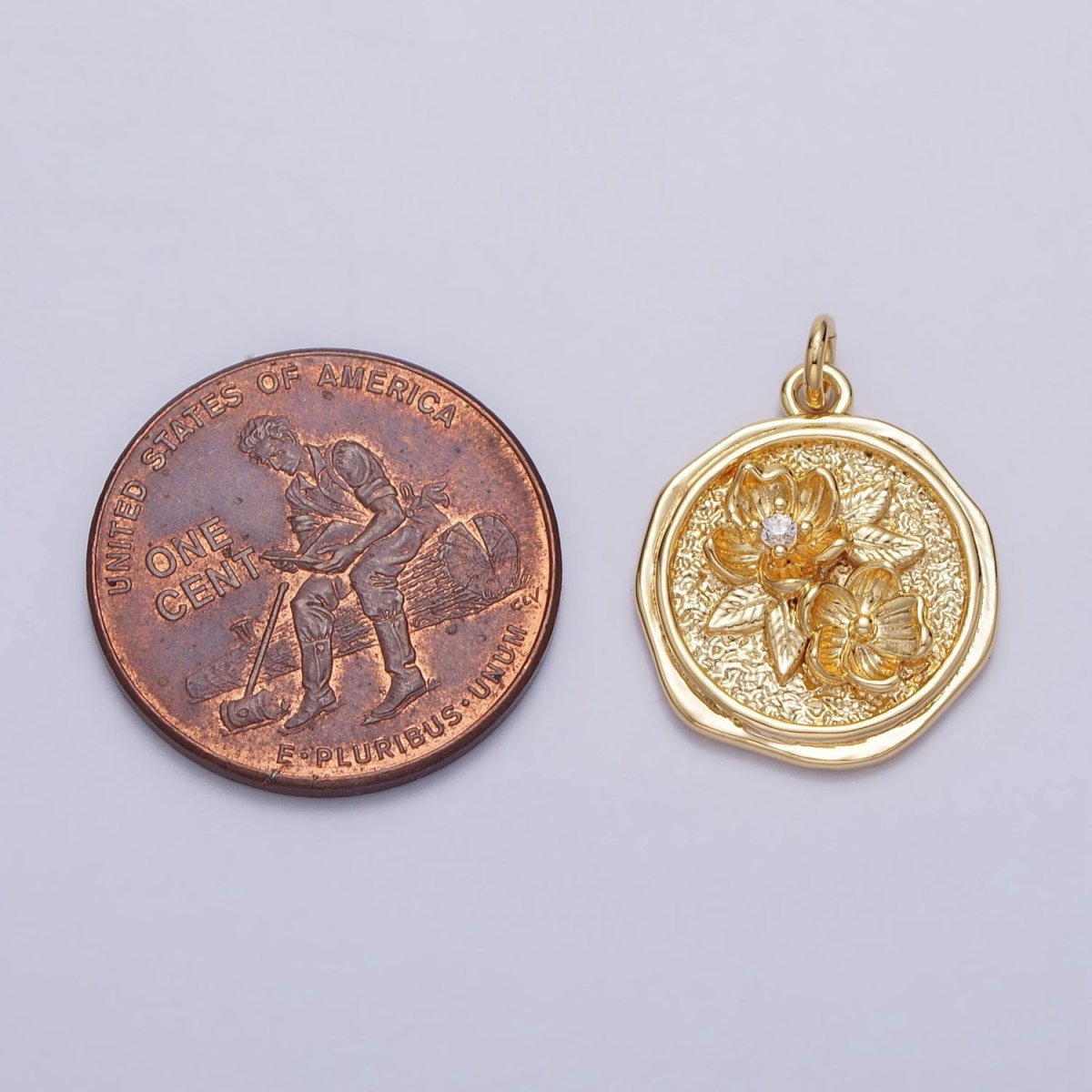 Water Lily Lotus July Birth Flower Textured Round Charm in Gold &amp; Silver | AC282 AC283