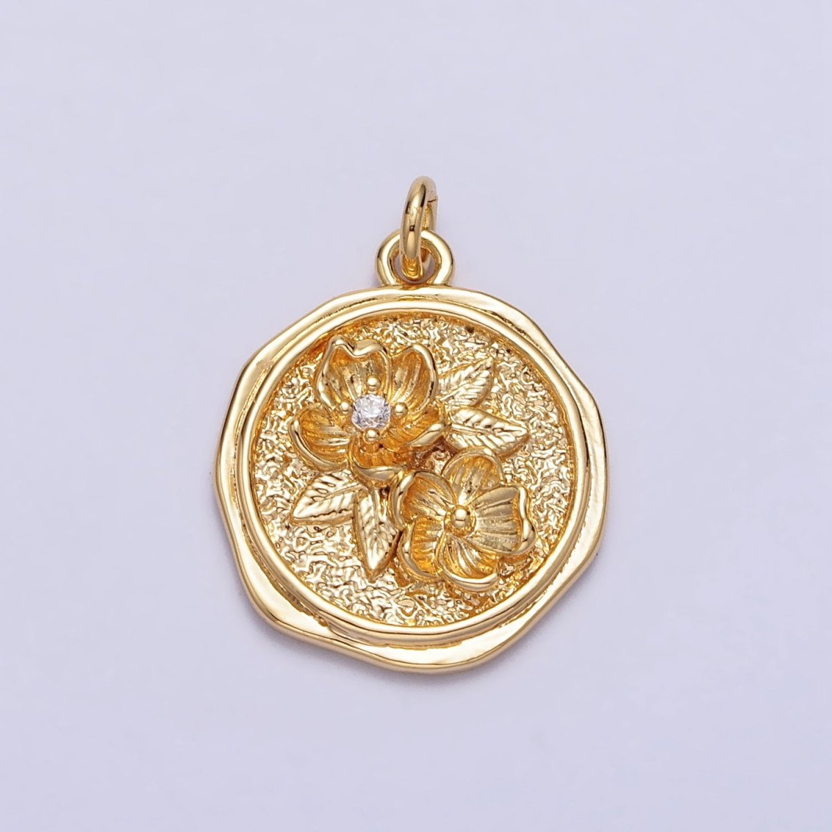 Water Lily Lotus July Birth Flower Textured Round Charm in Gold &amp; Silver | AC282 AC283