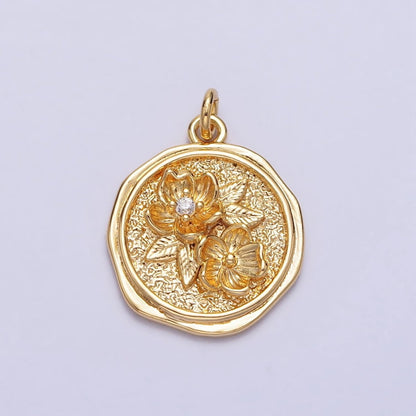 Water Lily Lotus July Birth Flower Textured Round Charm in Gold &amp; Silver | AC282 AC283