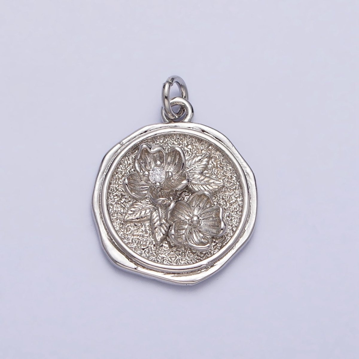 Water Lily Lotus July Birth Flower Textured Round Charm in Gold &amp; Silver | AC282 AC283