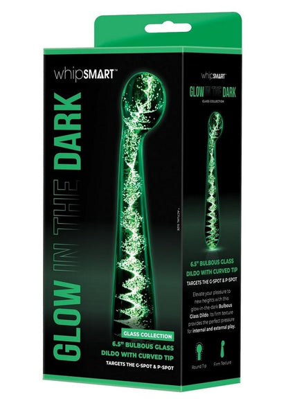 WhipSmart Glow in the Dark Bulbous Glass Dildo with Curved Tip