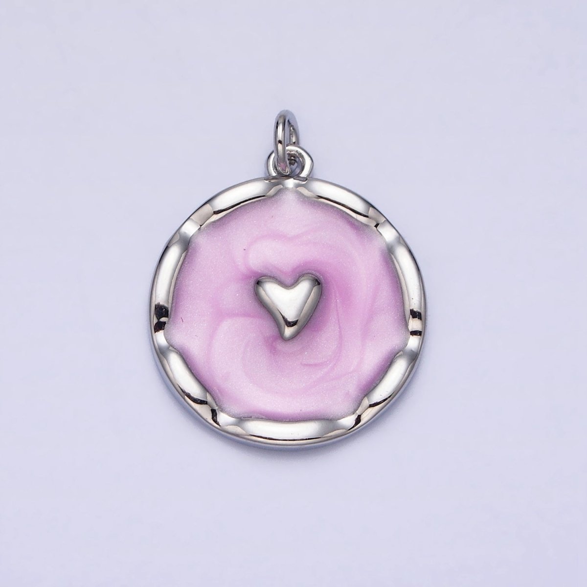 White, Blue, Pink Sparkly Enamel Heart Round Charm in Gold &amp; Silver | AC633 - AC638