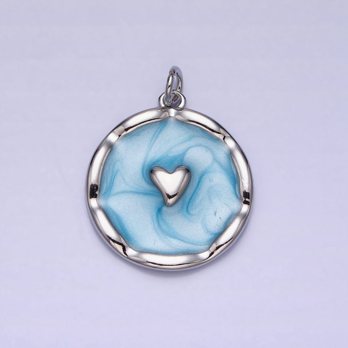 White, Blue, Pink Sparkly Enamel Heart Round Charm in Gold &amp; Silver | AC633 - AC638