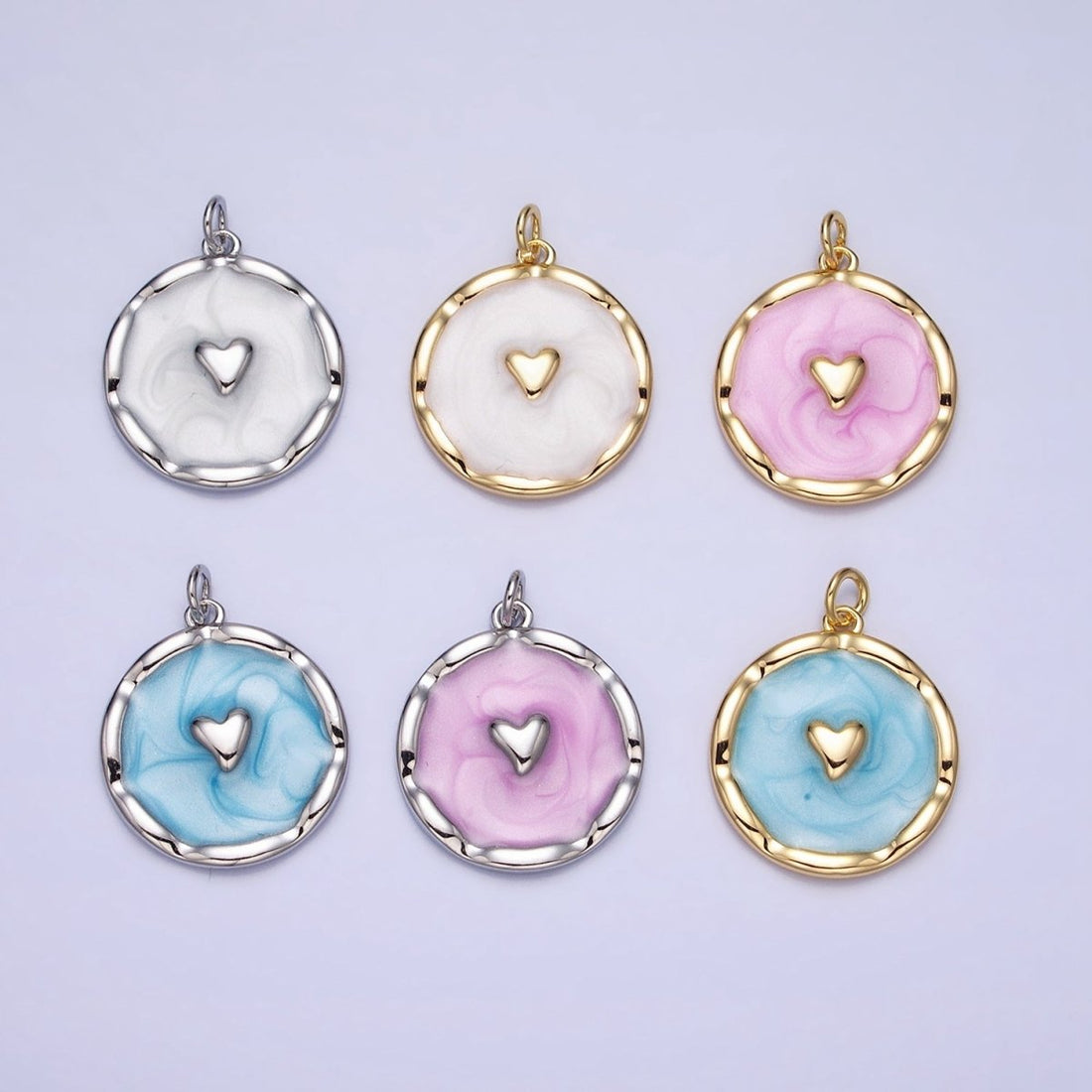 White, Blue, Pink Sparkly Enamel Heart Round Charm in Gold &amp; Silver | AC633 - AC638