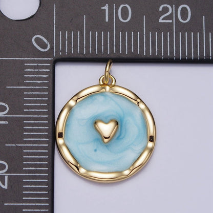 White, Blue, Pink Sparkly Enamel Heart Round Charm in Gold &amp; Silver | AC633 - AC638