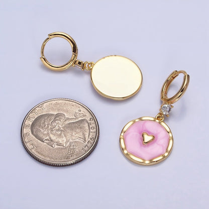 White, Blue, Pink Sparkly Enamel Heart Round CZ Drop Gold Huggie Earrings | AD794 - AD796