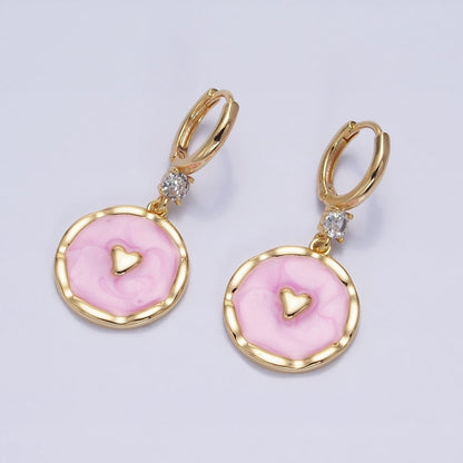 White, Blue, Pink Sparkly Enamel Heart Round CZ Drop Gold Huggie Earrings | AD794 - AD796