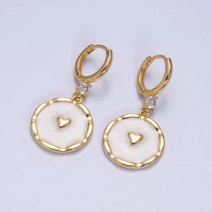 White, Blue, Pink Sparkly Enamel Heart Round CZ Drop Gold Huggie Earrings | AD794 - AD796