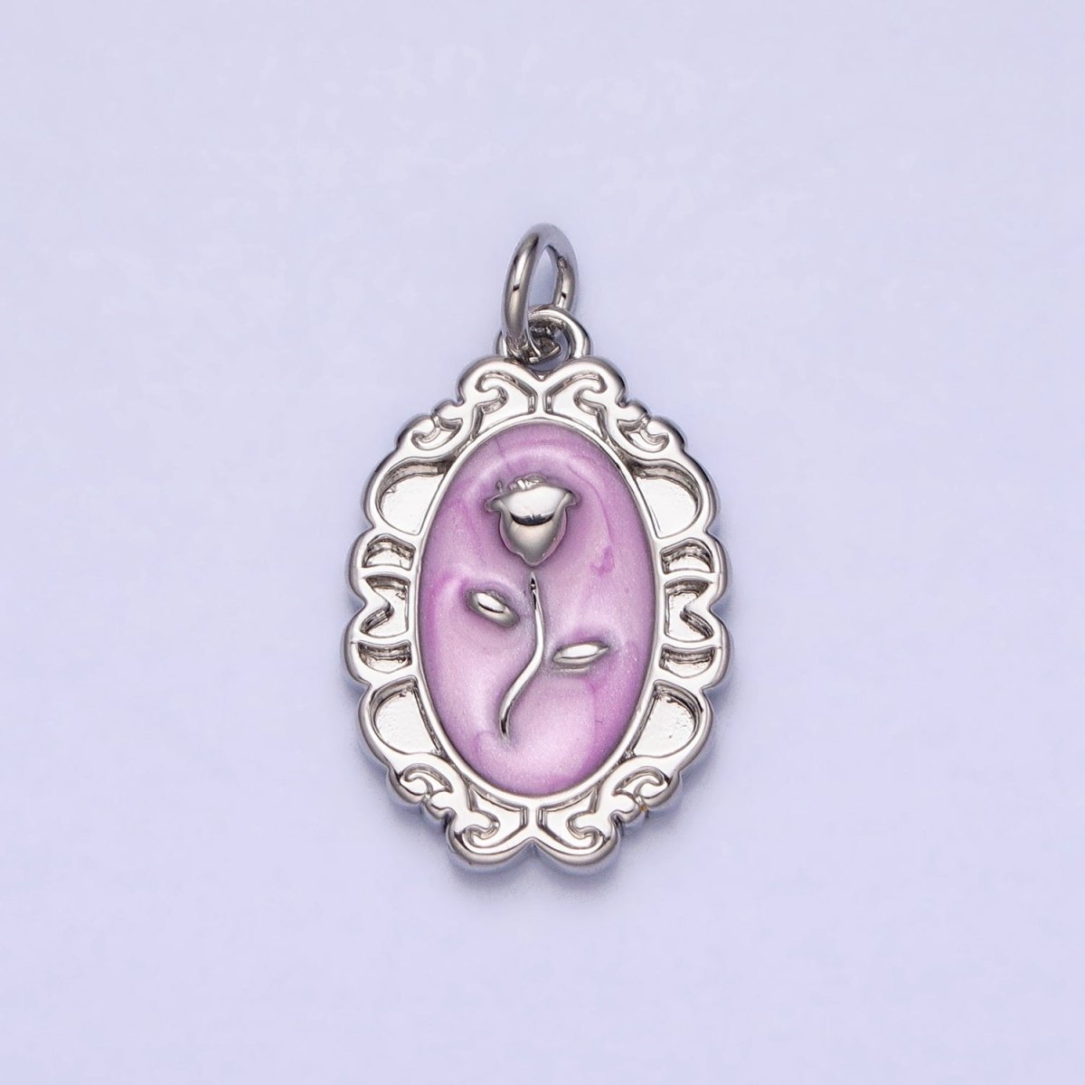 White, Blue, Pink Sparkly Enamel Rose Flower Oval Charm in Gold &amp; Silver | AC649 - AC654