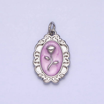 White, Blue, Pink Sparkly Enamel Rose Flower Oval Charm in Gold &amp; Silver | AC649 - AC654