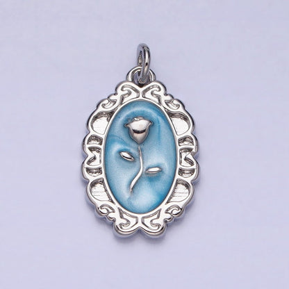 White, Blue, Pink Sparkly Enamel Rose Flower Oval Charm in Gold &amp; Silver | AC649 - AC654