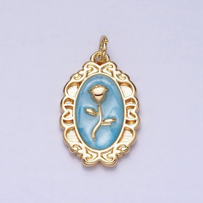 White, Blue, Pink Sparkly Enamel Rose Flower Oval Charm in Gold &amp; Silver | AC649 - AC654