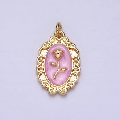 White, Blue, Pink Sparkly Enamel Rose Flower Oval Charm in Gold &amp; Silver | AC649 - AC654