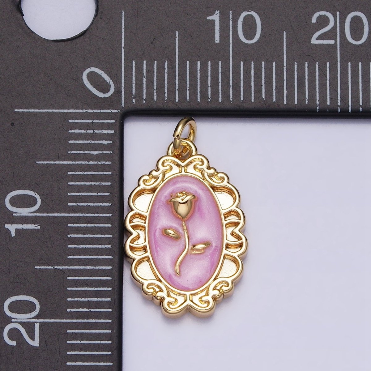 White, Blue, Pink Sparkly Enamel Rose Flower Oval Charm in Gold &amp; Silver | AC649 - AC654