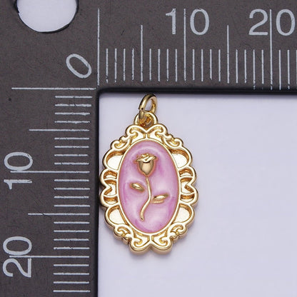White, Blue, Pink Sparkly Enamel Rose Flower Oval Charm in Gold &amp; Silver | AC649 - AC654